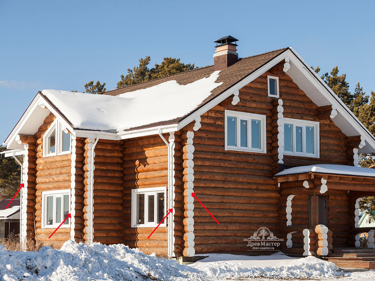 Гостиничный корпус в хозяйстве "Никольская слобода". Красные стрелочки-прямой спил. 
