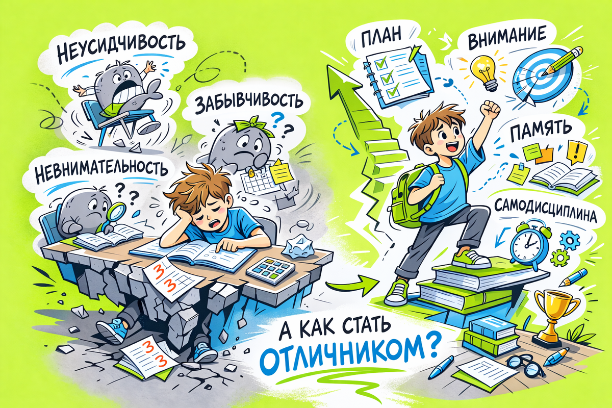 Неусидчивость, невнимательность, забывчивость - три кита, чтобы стать "троечником"