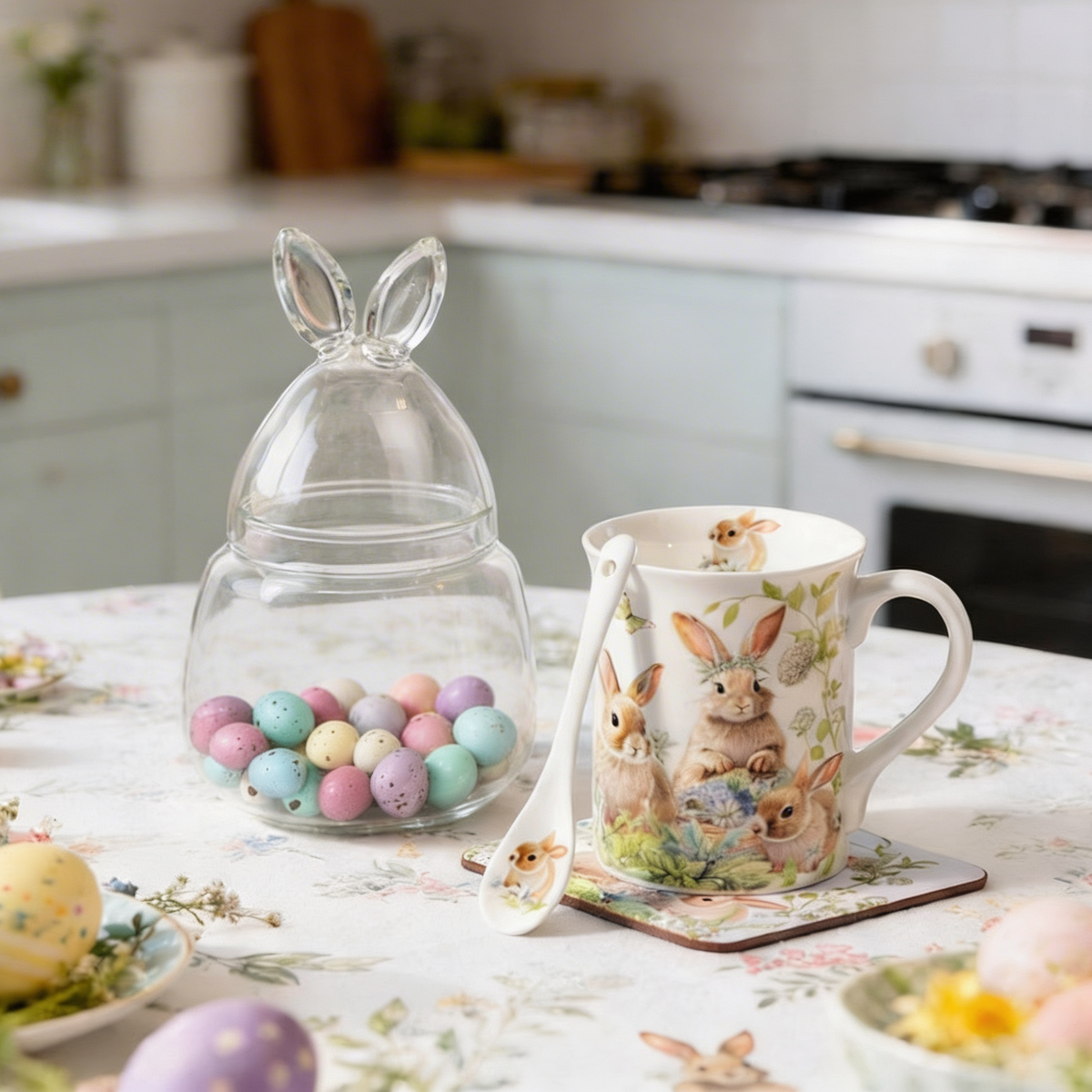 Конфетница Bunny от Domenik и кружка с подставкой и ложкой "Зайчики в цветах"