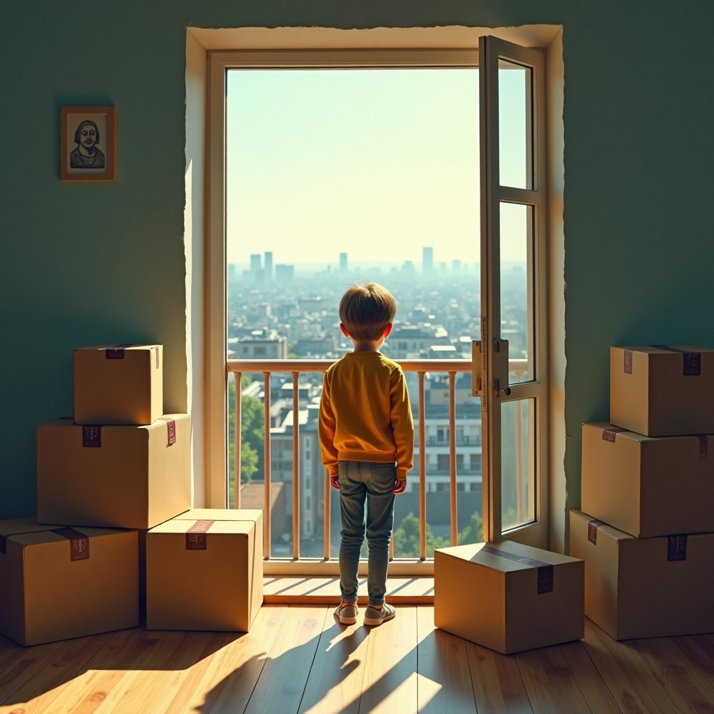 Переезд в другой город, начало новой жизни, подросток с коробками.