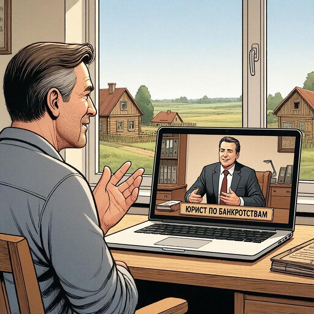 Примерно так выглядит дистанционная процедура банкротсва. Можно даже без видео, а просто по телефону. Картинка сгенерирована ИИ под моим чутким руководством