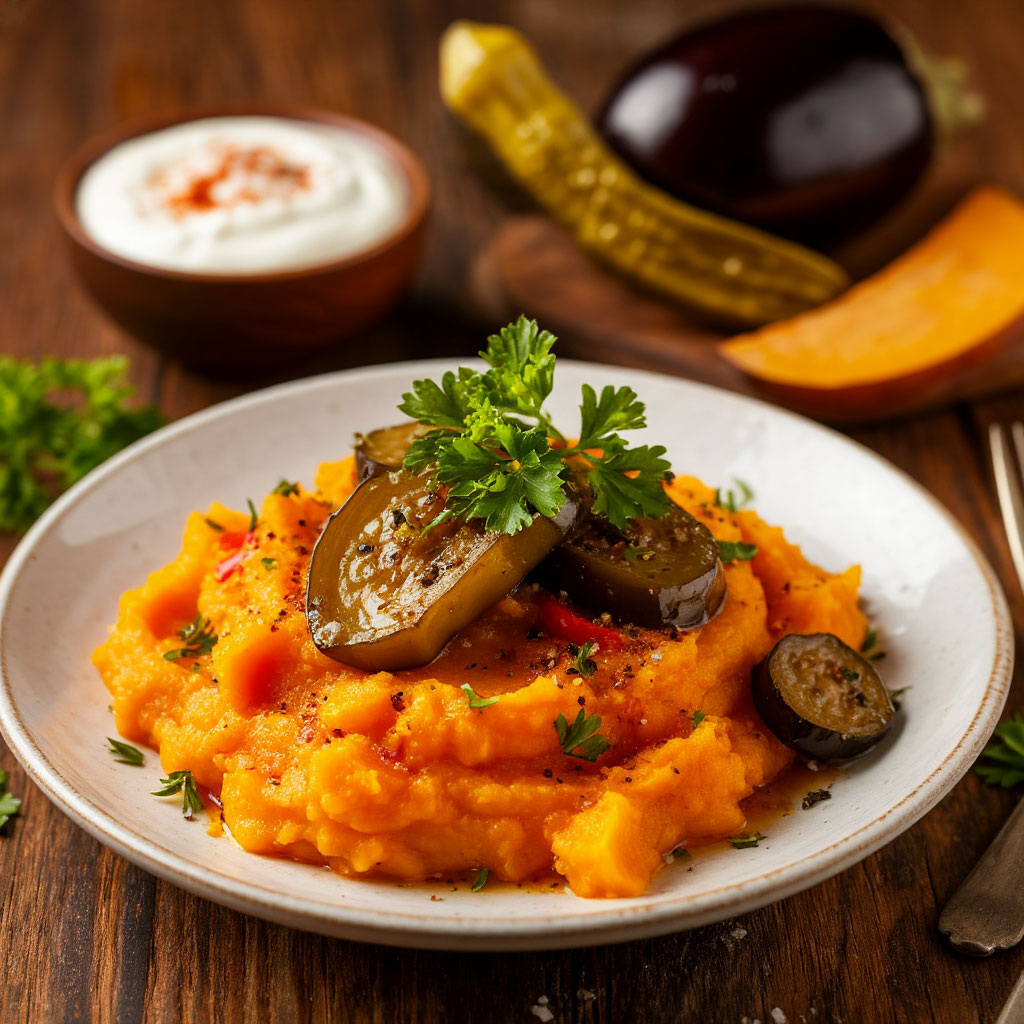 Салат с маринованными баклажанами и тыквенным пюре 