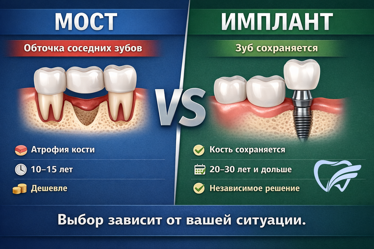 Сравнение зубного моста и импланта: мост требует обточки соседних зубов и служит около 10–15 лет, а имплант устанавливается в кость, не затрагивает соседние зубы и может служить 20–30 лет и дольше.