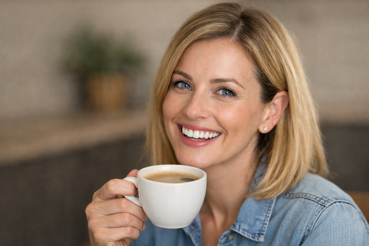 Девушка пьет кофе с зубной коронкой