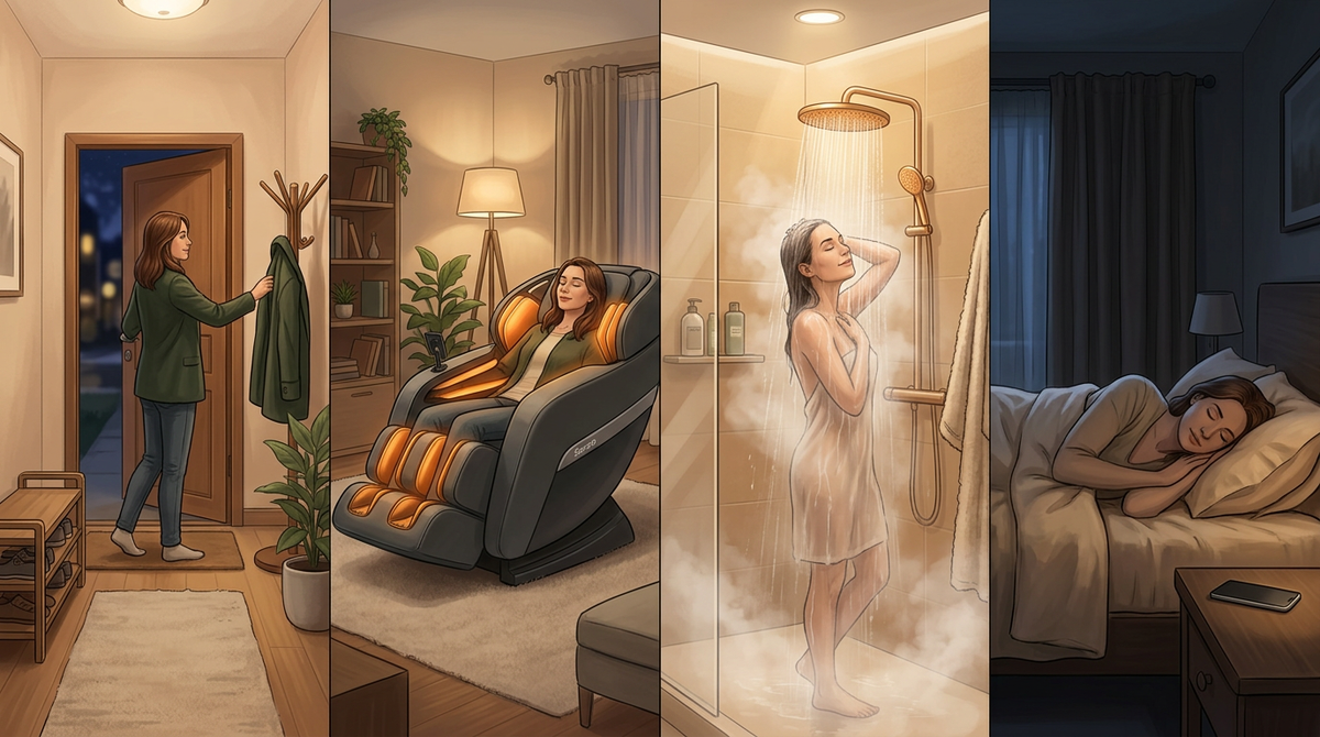 Простой вечерний маршрут против весеннего стресса: пришёл домой, 15 минут в кресле Senzo, тёплый душ — и спокойный сон.