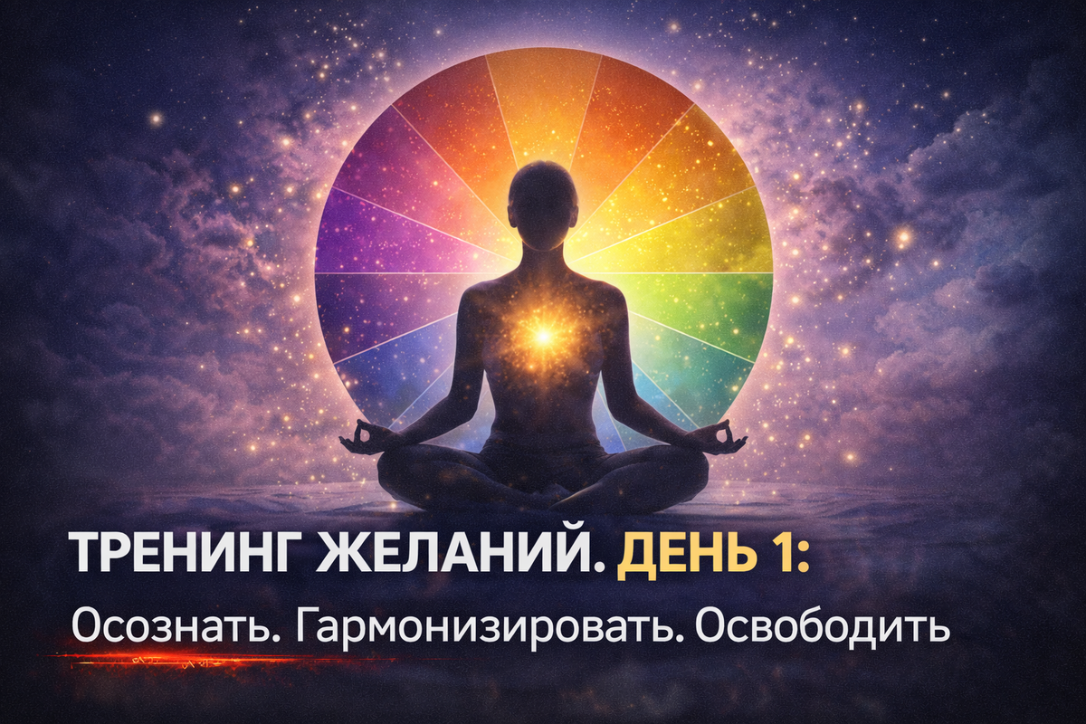 Человек в позе лотоса на фоне колеса жизненного баланса, от груди исходит золотое свечение. Символ гармонии и осознанности.