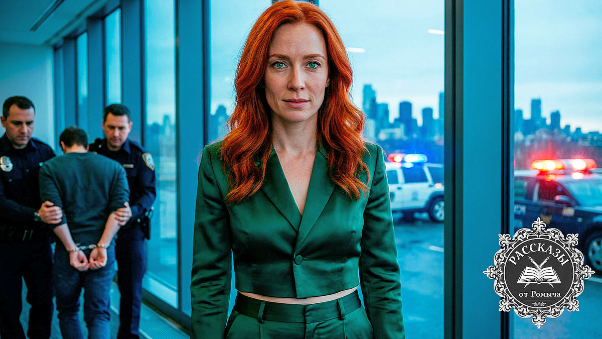 Женщина с рыжими волосами в зеленом костюме наблюдает за арестом начальника в офисе