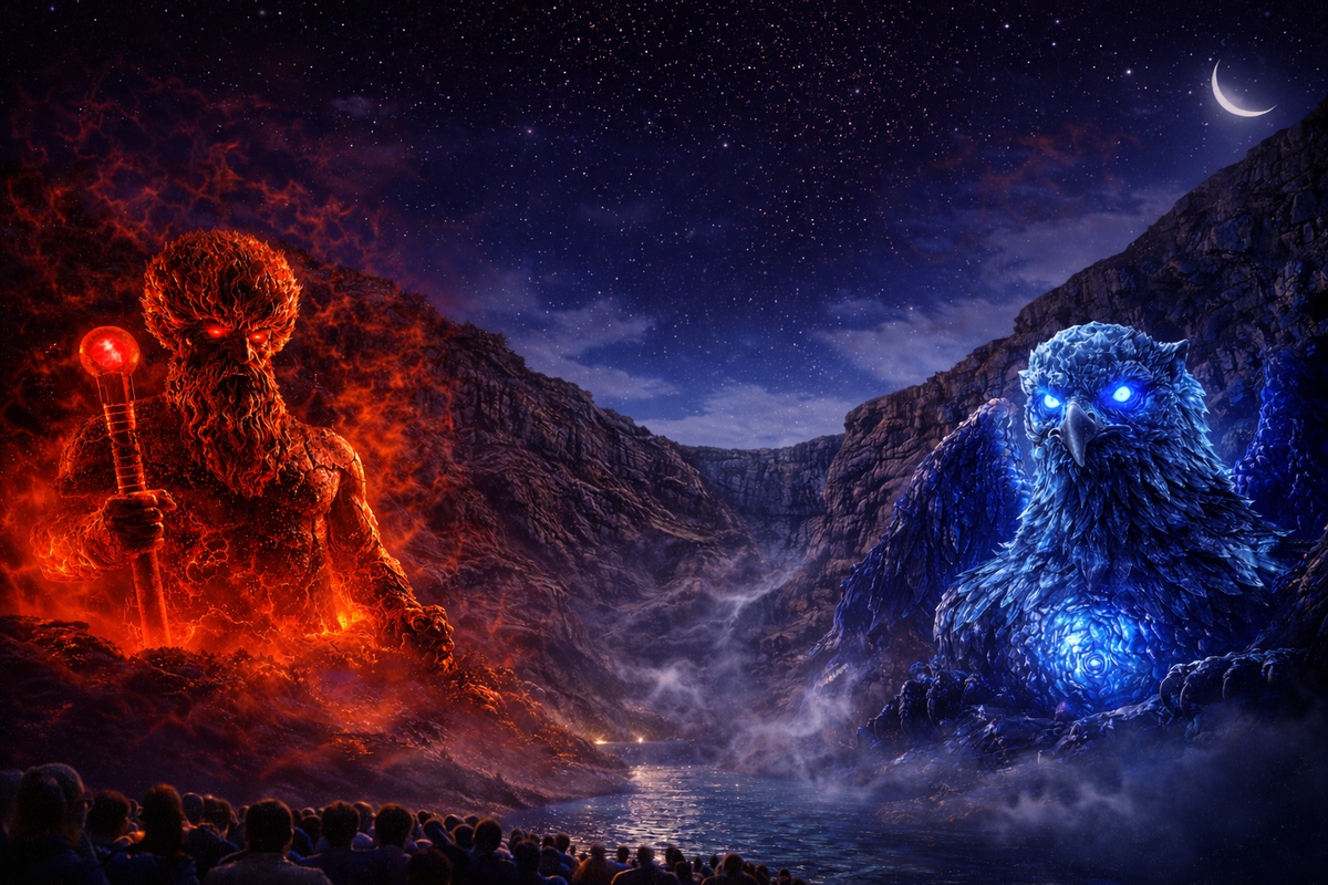 Великаны гор из мультимедийного спектакля «Великаны Дагестаны» созданного LazerDance Studio в Сулакском каньоне ( фото создано ИИ и показывает примерный вид великанов из спектакля)