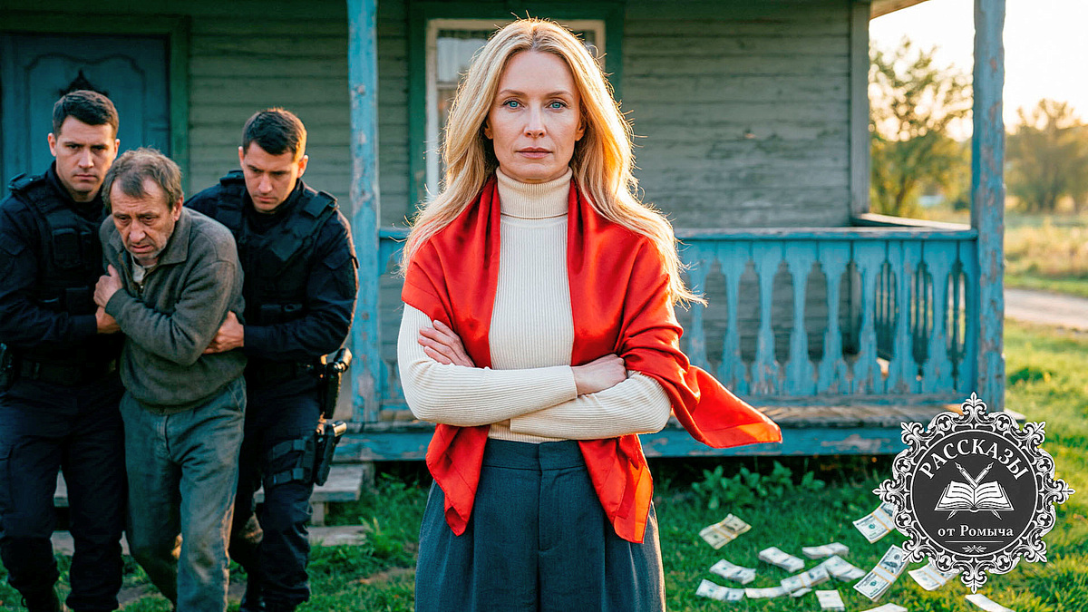 Женщина в красном платке наблюдает за задержанием мужчины в саду старого загородного дома