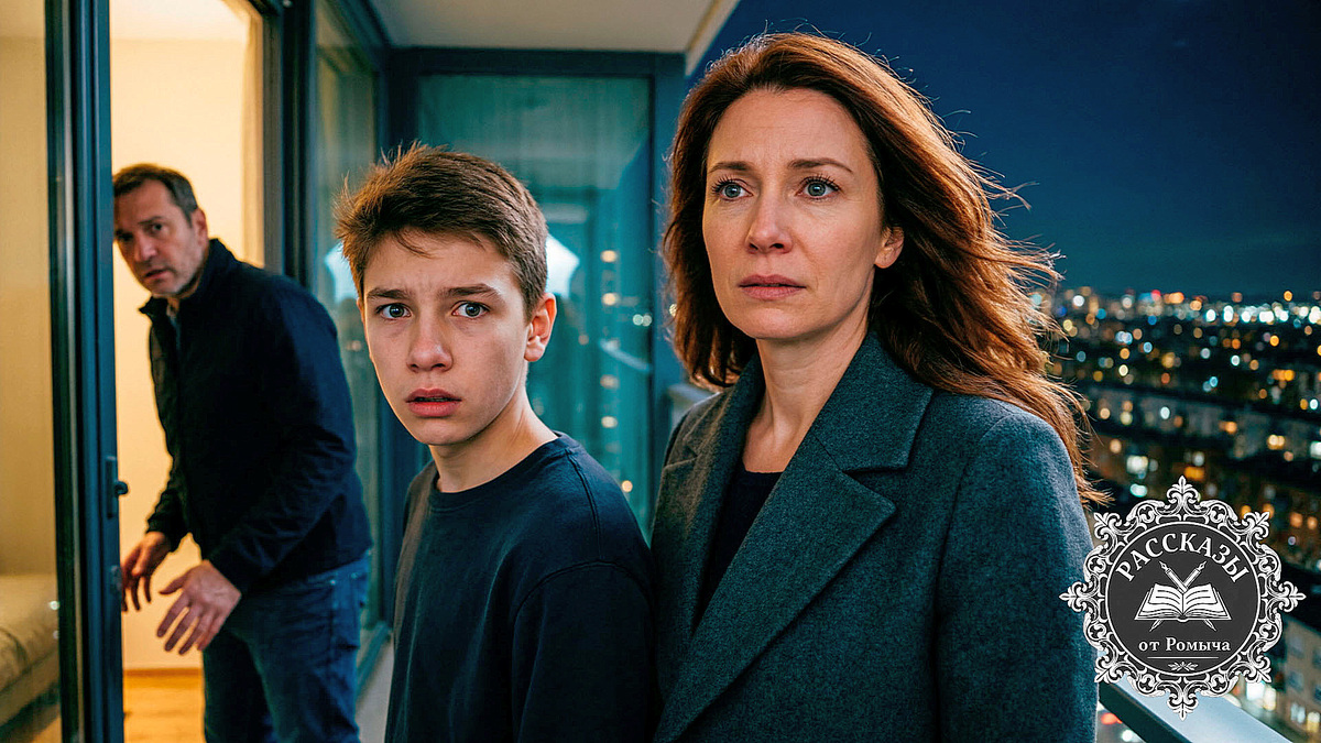 Женщина и подросток на балконе ночного города в драматической сцене осознания правды