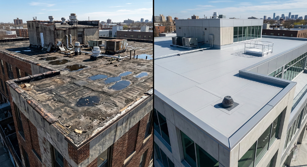 Разрушенное битумное покрытие и современное покрытие из ПВХ мембраны