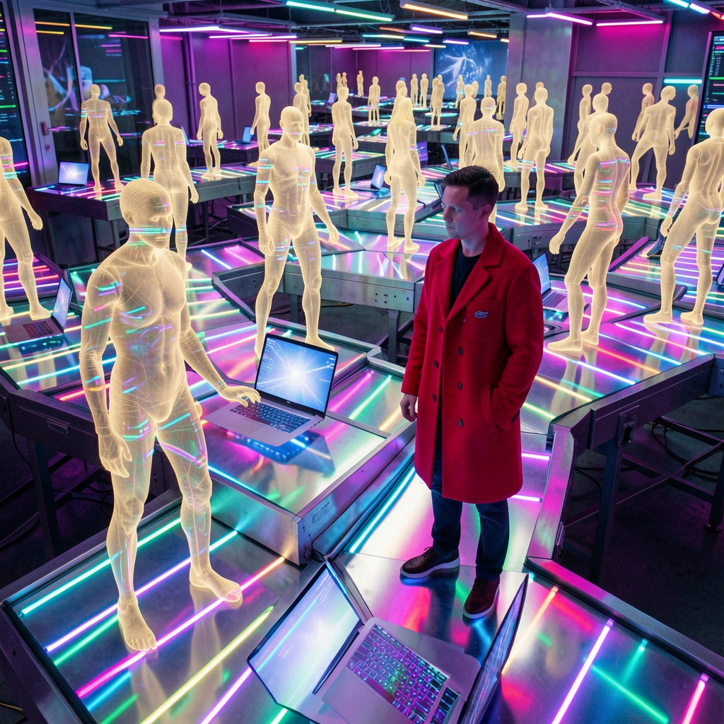 Глючные голограммы в тренчах и один живой человек в красном среди них.