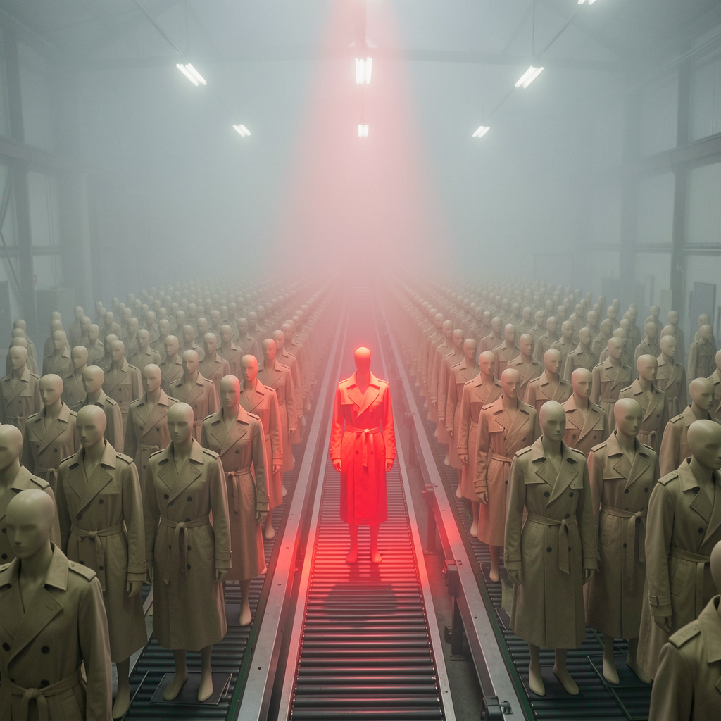 Серая армия клонов в тренчах и один ярко-красный под софитом.