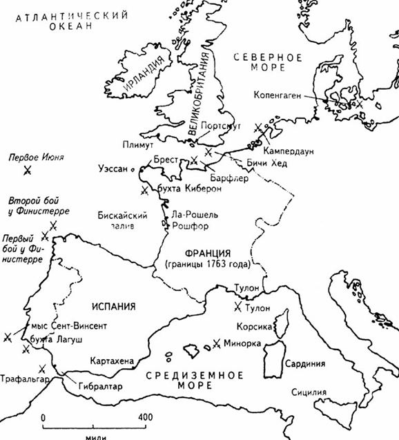 Карта англо-французского и англо-испанского морского противостояния в Европе в конце XVII — начале XIX веков с указанием мест сражения у Сент-Винсента и Кампердауна в 1797 году