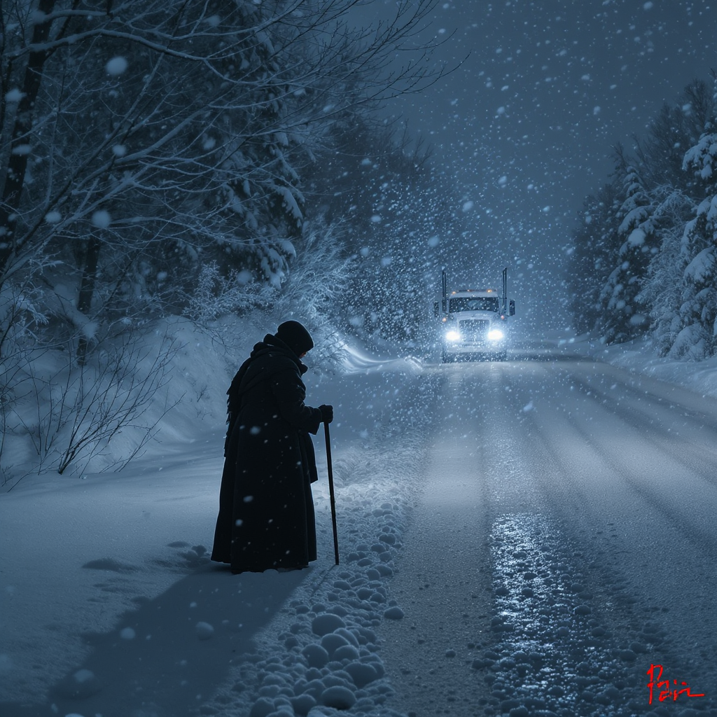 #мистика #дорога #зима #ночь #старуха #дальнобойщик #метель #славянскаямистика #жуткаякартинка #нейросеть #шедеврум #атмосферно #потустороннее #одиночестводороге
