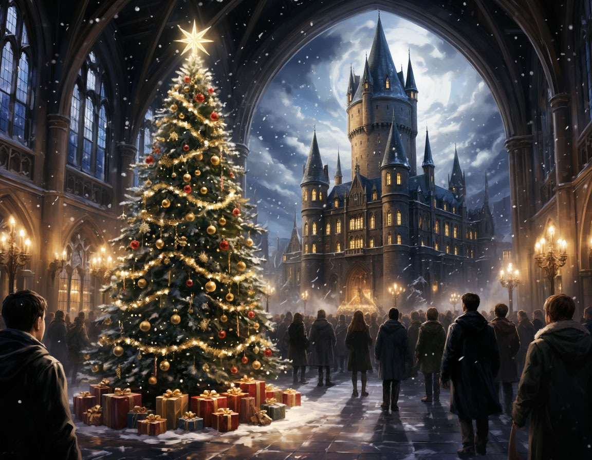 Главная ёлка Хогвартса никогда не мерцает так ярко, как в новогоднюю ночь. А вы заметили, как снежинки на потолке танцуют вальс?