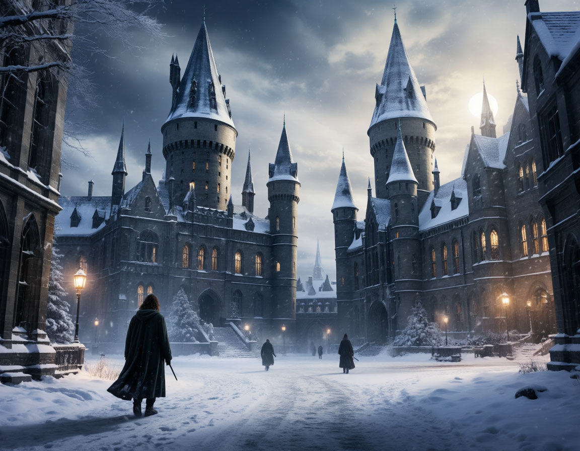 Хогвартс под снегом похож на рождественскую открытку. Кажется, ещё чуть-чуть — и из-за башни вылетит квиддичная команда.