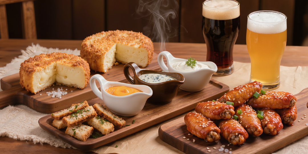 Три страны, три закуски к пиву: чешские жареные сыры, азиатские крылышки Баффало и русские гренки с чесноком