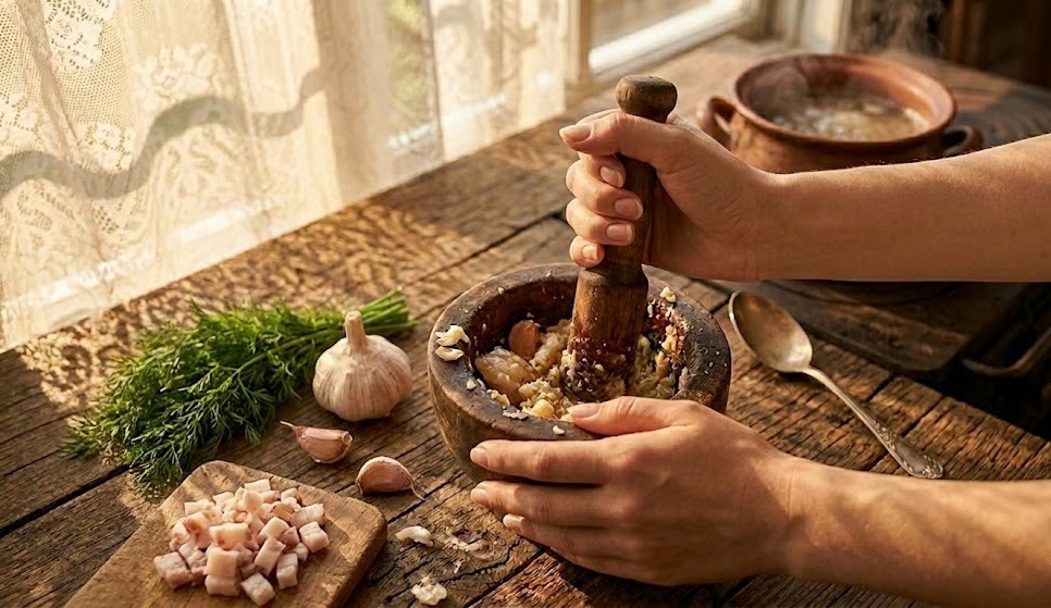 А вот и магия началась, растираем чесночок со старым сальцем. Это и есть та самая "душа куреня". Запах такой, что коты в округе сознание теряют, а соседи начинают подозрительно часто заглядывать через плетень.