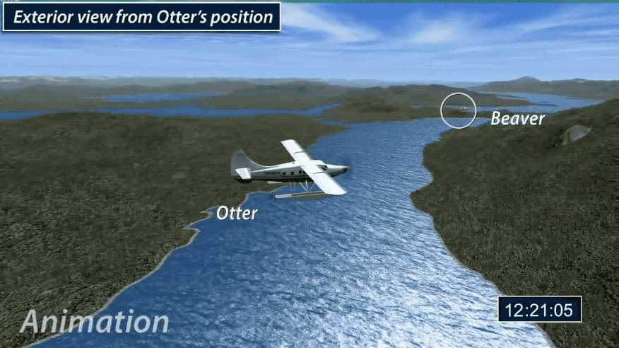 На этих кадрах из анимационного ролика Национального совета по безопасности на транспорте США показано, как два самолета сближались за несколько секунд до столкновения