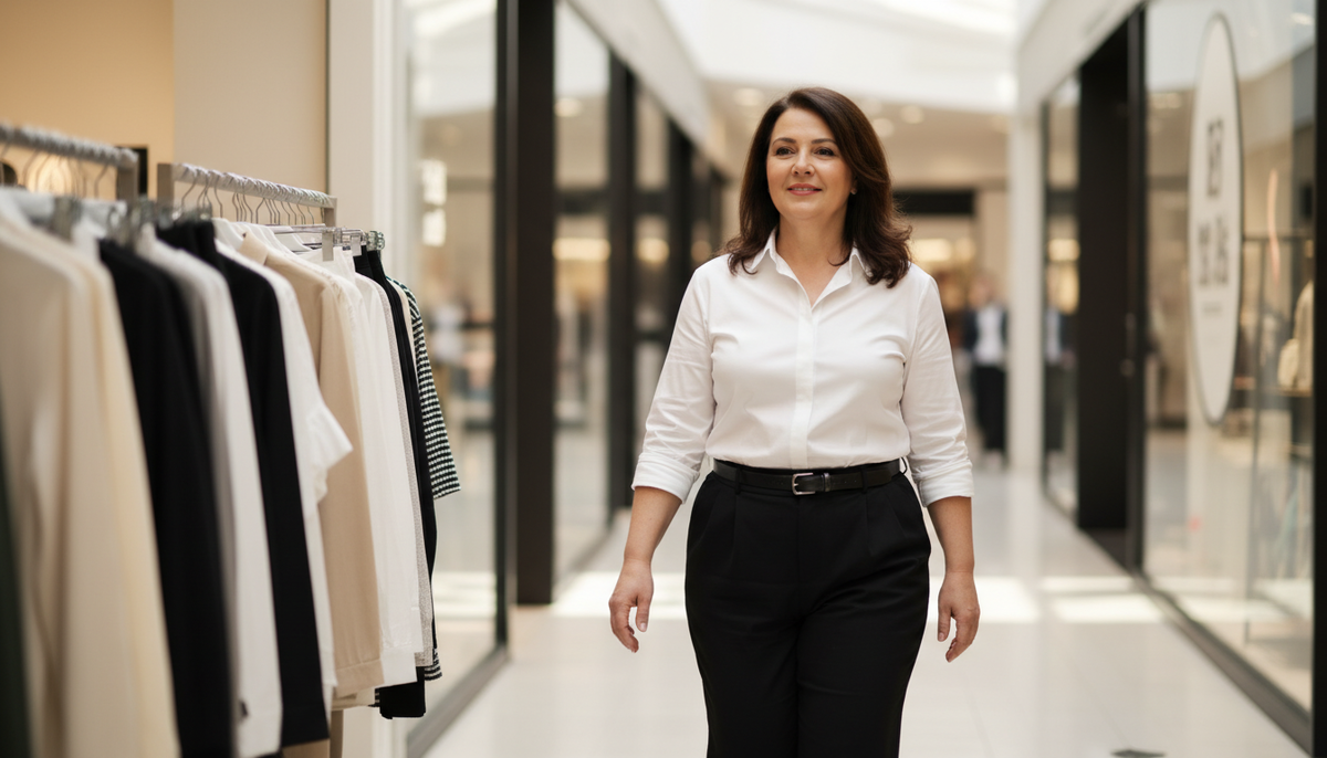 Светлая блуза, заправленная в тёмные брюки - взгляд упирается в границу на талии, а не скользит по фигуре