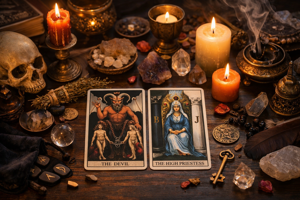 Атмосфера гадания на Таро: карты Дьявол и Верховная Жрица на столе среди свечей и эзотерических атрибутов помогают понять скрытый смысл расклада.