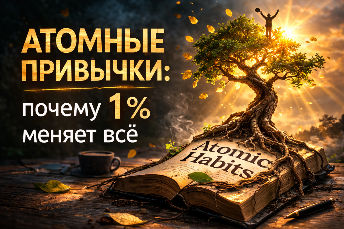 Раскрытая книга «Атомные привычки», из которой прорастает дерево с золотыми листьями. Символ того, как маленькие привычки приводят к большим результатам.