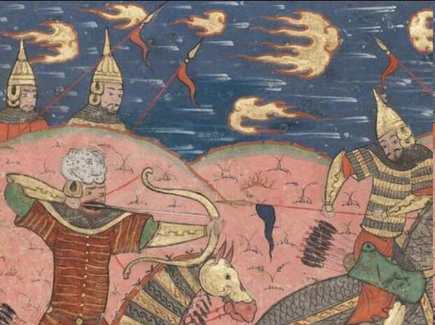     «Шахнаме» Фирдоуси: Рустам стреляет во врага. Персидская миниатюра, конец XV в. (фрагмент)