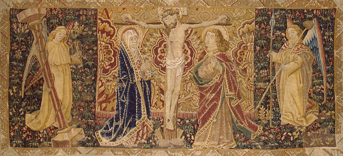 Распятие с предстоящими Девой Марией, апостолом Иоанном и ангелами с орудиями страстей. Франция, конец XV — начало XVI века.