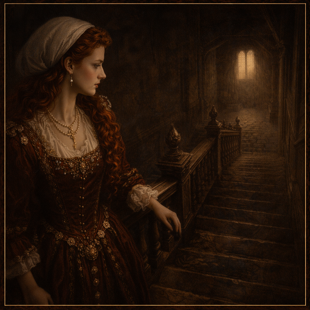 Эми Робсарт на лестнице. Создано ИИ