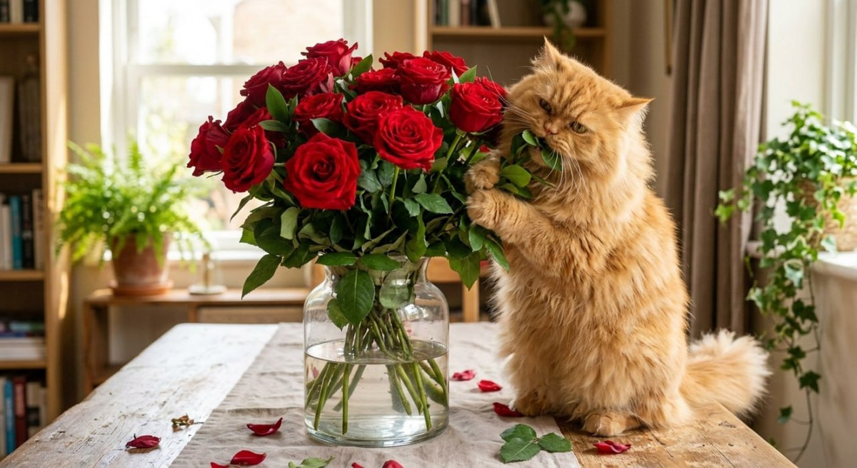 Фото: нейросеть Кошки и цветы – опасное сочетание