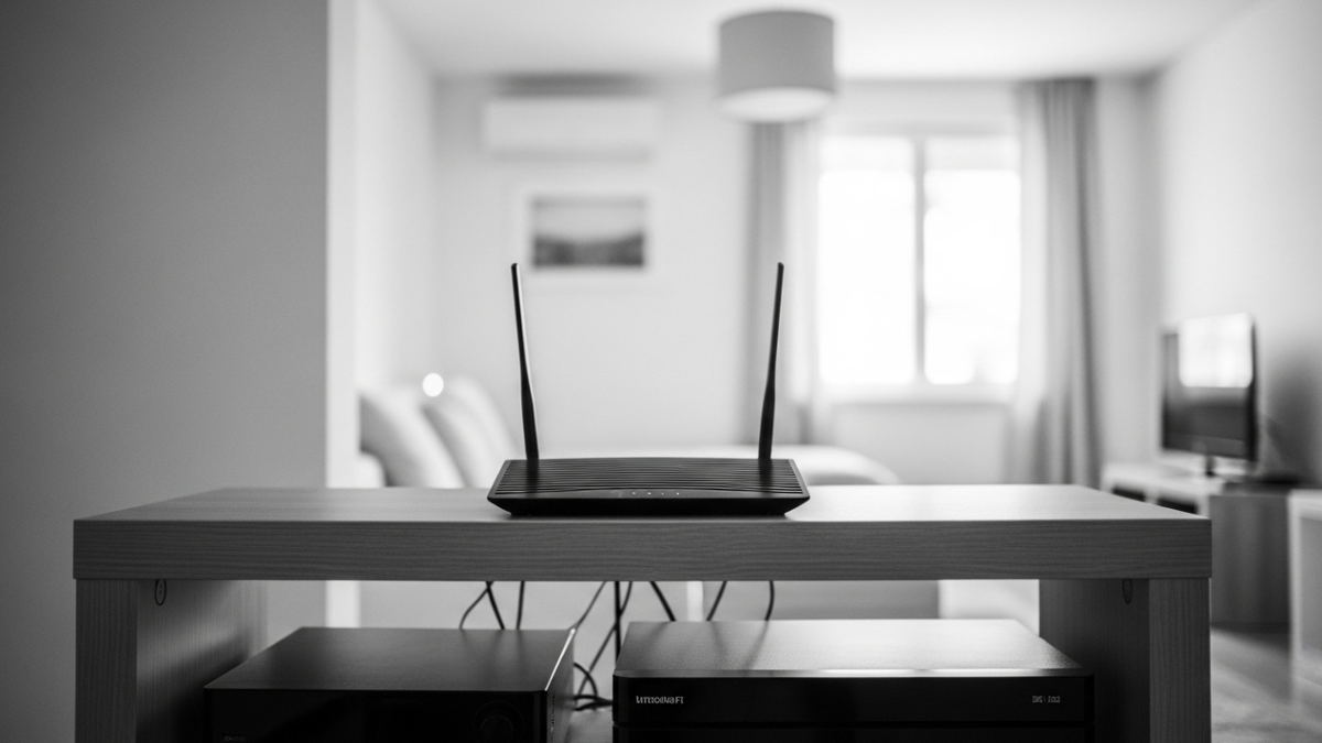 Роутер на полке в центральной комнате квартиры, антенны направлены вертикально.