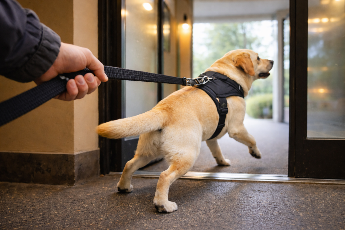 У выхода из дома собака рвётся вперёд, и натянутый поводок сразу останавливает.