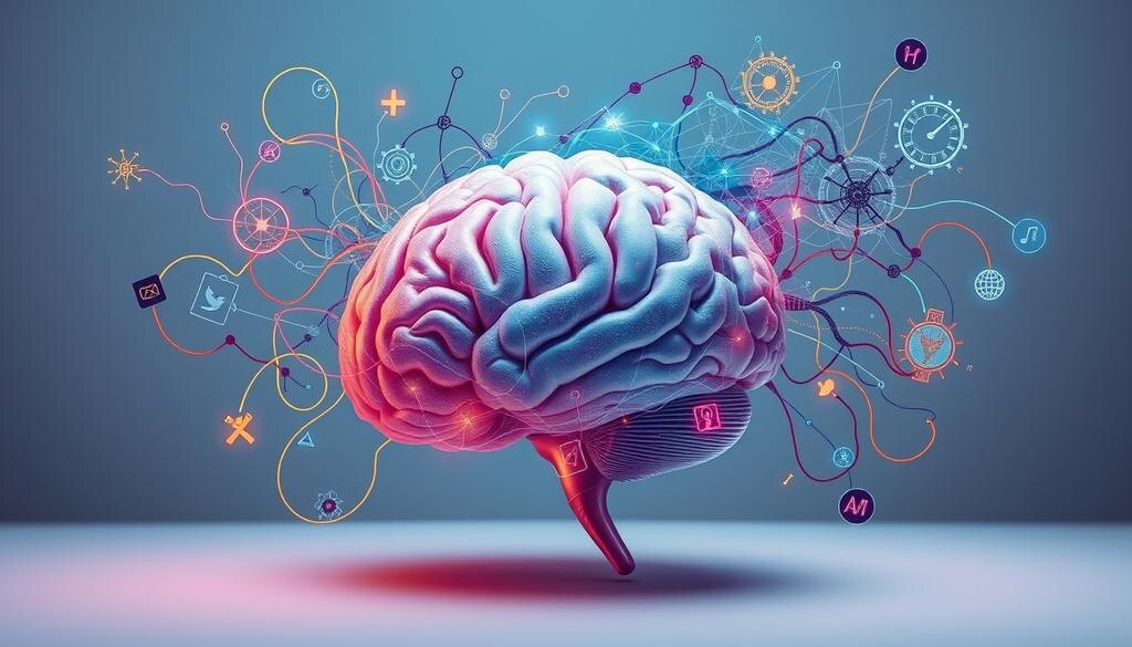    Абстрактное изображение человеческого мозга, окружённого цветными нейронными путями и символами знаний, подчеркивающее сложную природу мысли и сознания.