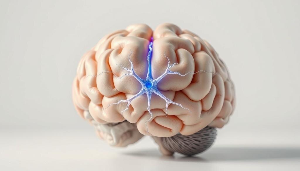    Крупный план сегмента мозга, выделяющий клауструм, с изящными соединениями нейронов, символизирующими взаимосвязанность сознания и сенсорной информации.