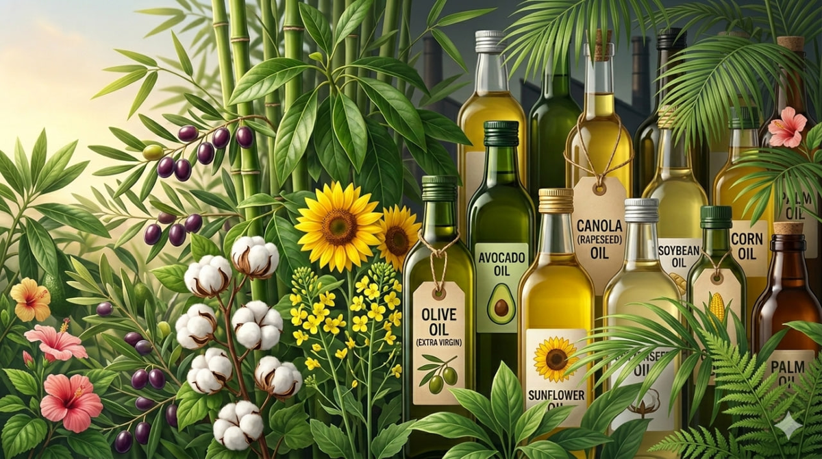 Иллюстрация «растительная маскировка»: стеклянные бутылки разных растительных масел частично скрыты среди густой зелени сада. Сквозь листья видны бутылки кукурузного, кокосового, соевого, оливкового, пальмового, льняного, авокадо и конопляного масел. Рядом с бутылками изображены растения и плоды, из которых они производятся — кукуруза, кокос, оливки, цветы подсолнечника и авокадо. Композиция визуально показывает, как разные масла «прячутся» за общей природной растительностью.