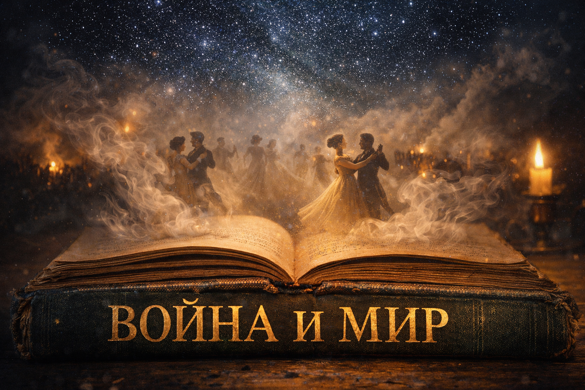 Обложка к обзору романа «Война и мир». Старинная книга, из страниц которой, как из прошлого, вырываются танцующие пары и пороховой дым, уходящий в звездное небо.