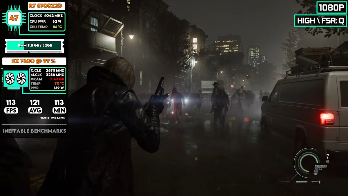 RX 7600 в Resident Evil Requiem, 1080p с FSR, высокие настройки. Изображение: Ineffable Benchmarks