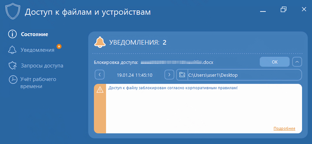 Рис. 1. Пример уведомления о блокировке доступа к файлу