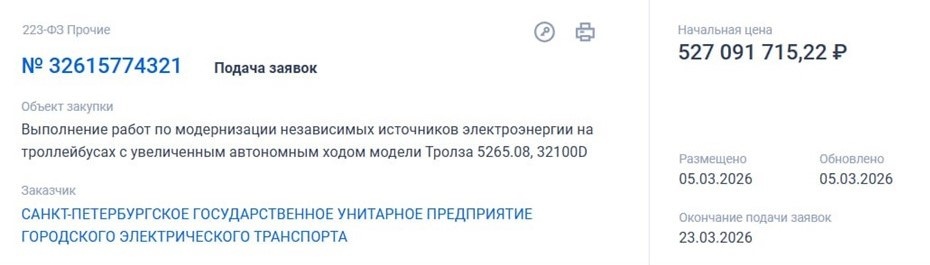    "Горэлектротранс" потратит 527 млн рублей на модернизацию оборудования для троллейбусов с УАХ Автор фото: zakupki.gov.ru