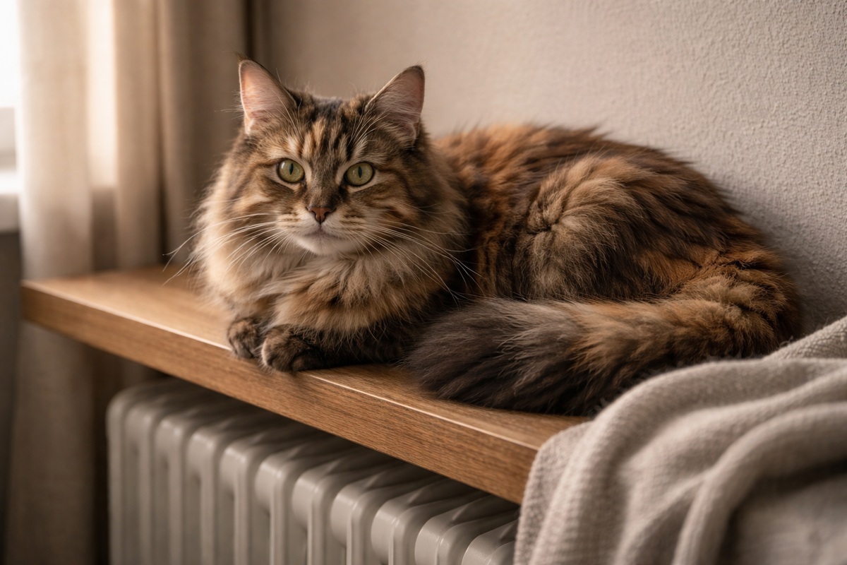 Теплая полка над батареей помогает коту согреться.