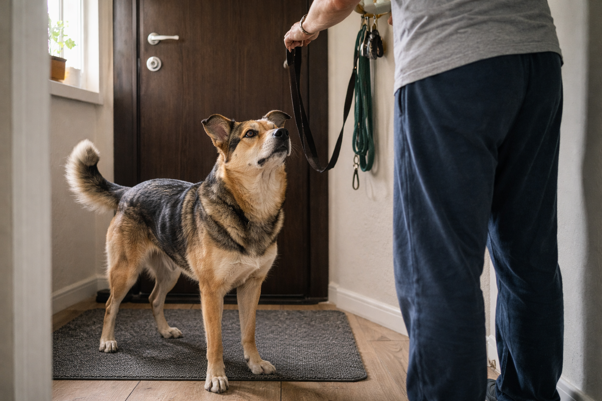 Собака у двери ловит знакомое слово даже при спокойном, ровном голосе.