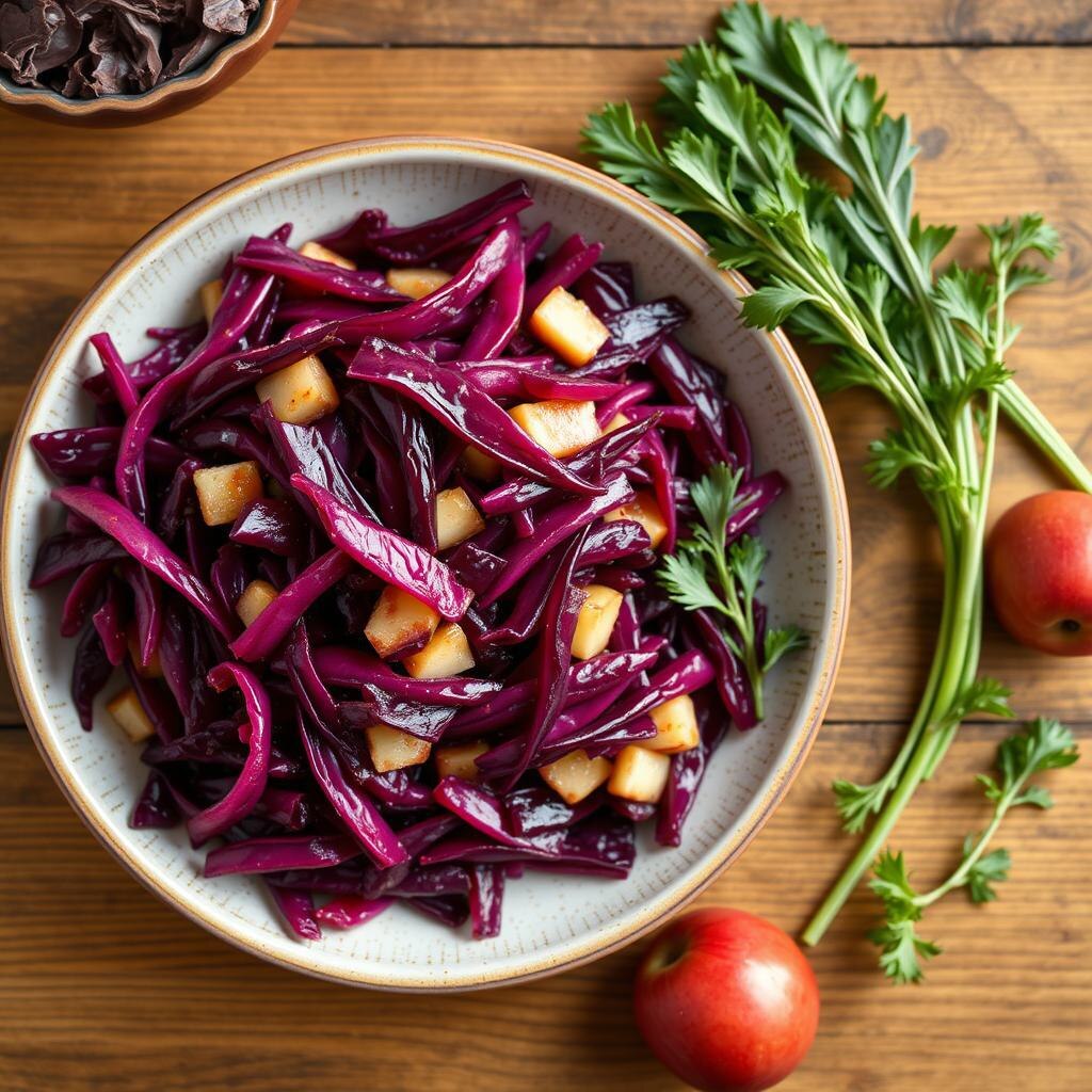 Тушёная краснокочанная капуста с яблоками