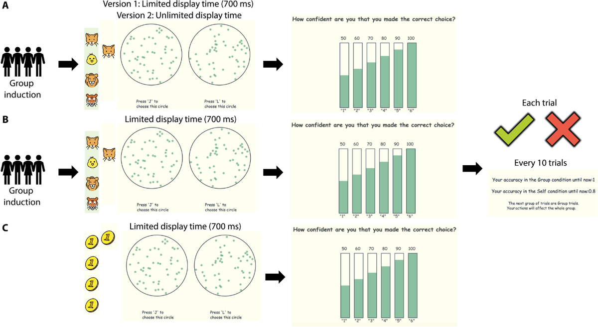 На графике показаны основные особенности различных вариантов поведенческой задачи с принудительным выбором. Участники должны определить, в каком из двух кругов больше точек. Вознаграждение за правильный ответ зависит от того, кто его получит — сам участник или все участники группы (включая его самого). Количество значков на экране указывает, на кого распространяется вознаграждение. (источник: https://www.science.org/doi/10.1126/sciadv.ady0441)
