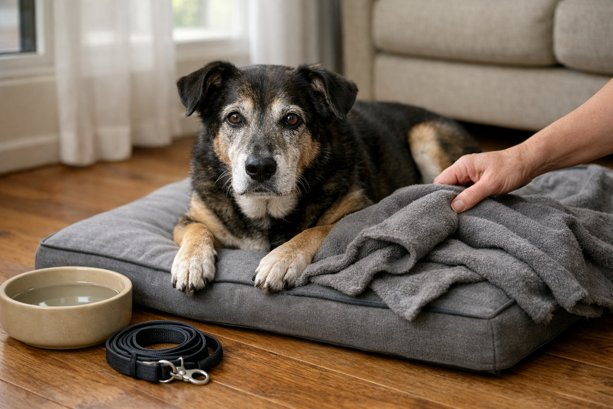 Пожилая собака отдыхает у окна.