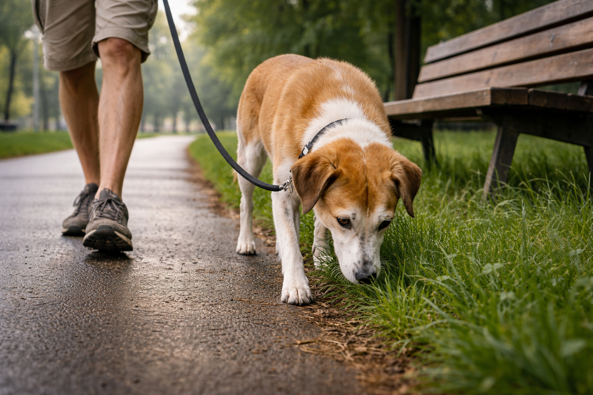Короткая прогулка в спокойном темпе: больше нюха, меньше спешки и ровнее дыхание.