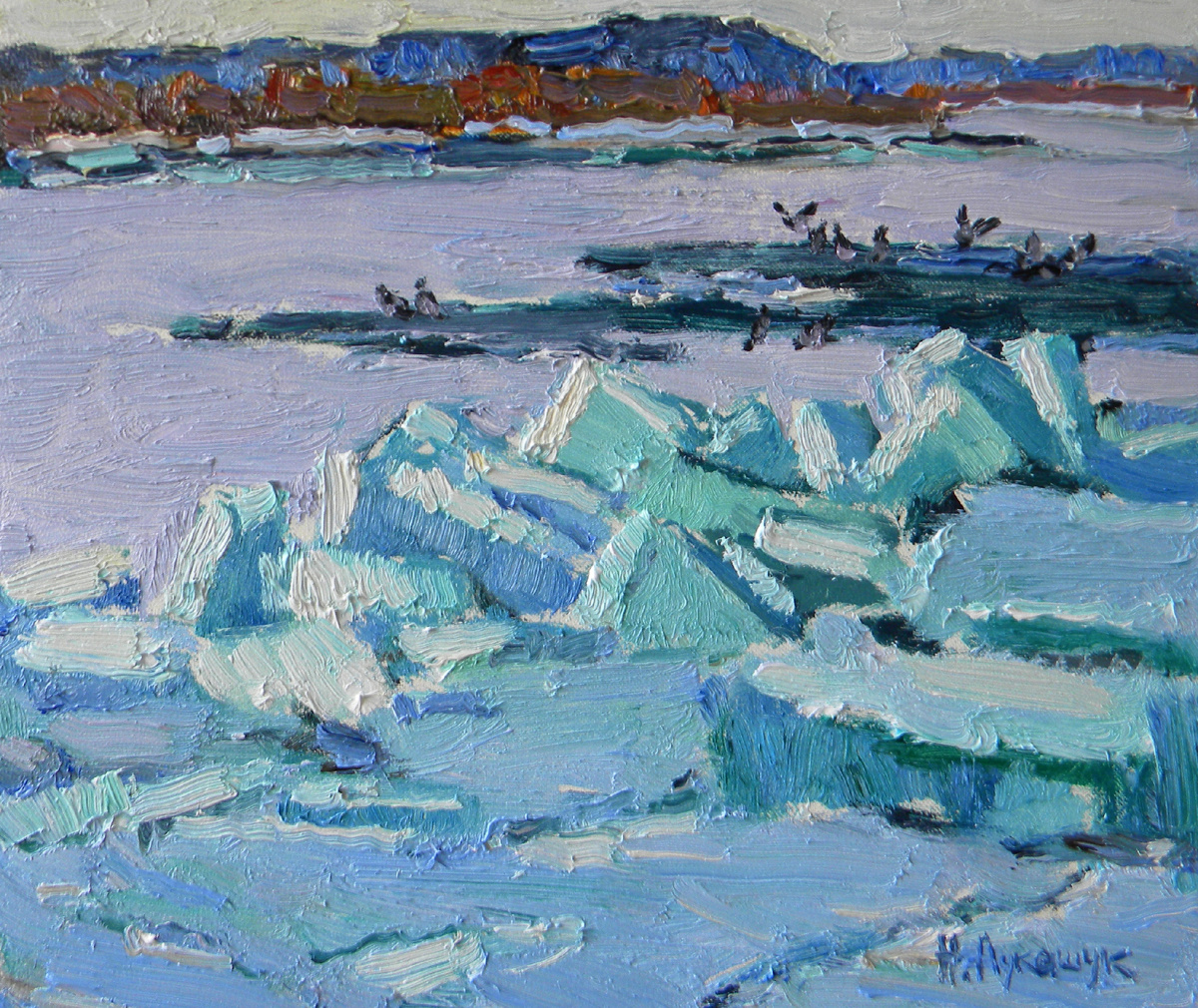 Николай Лукашук "Льды. Волга встаёт" 2025, картон, масло 25х30 