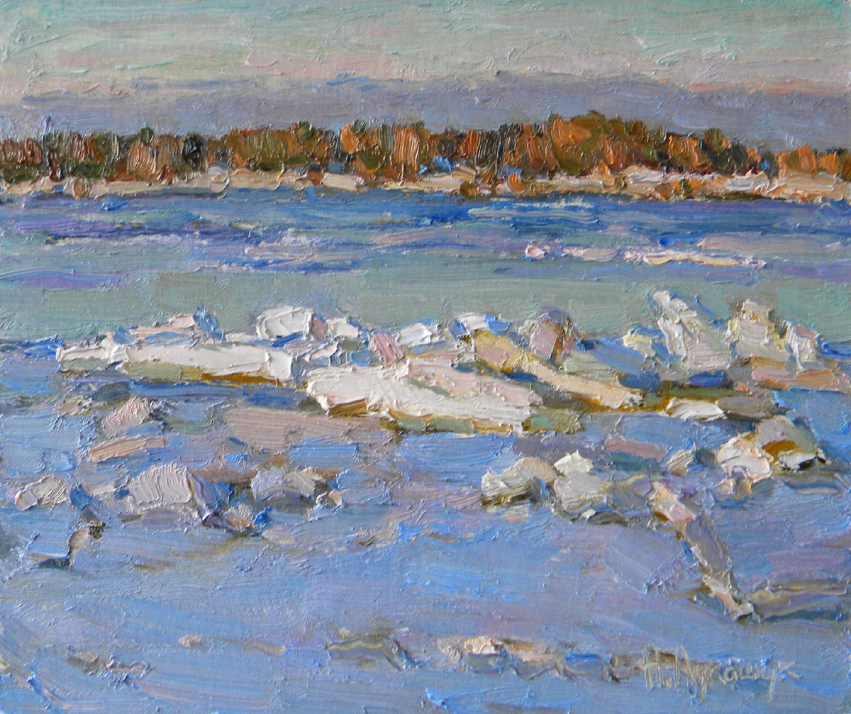 Николай Лукашук "Льды. Волга Весной" 2025, картон, масло 25х30 