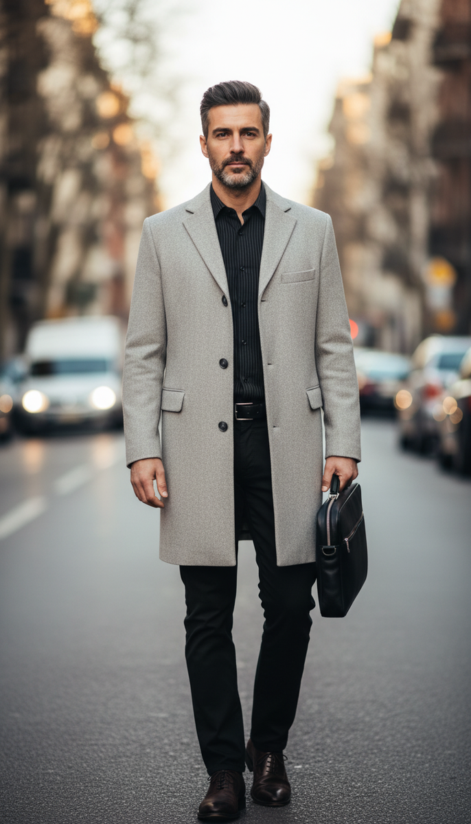 .Пальто с английским воротником из мягкой ткани «ёлочка» на вискозной подкладке классического полуприлегающего силуэта.