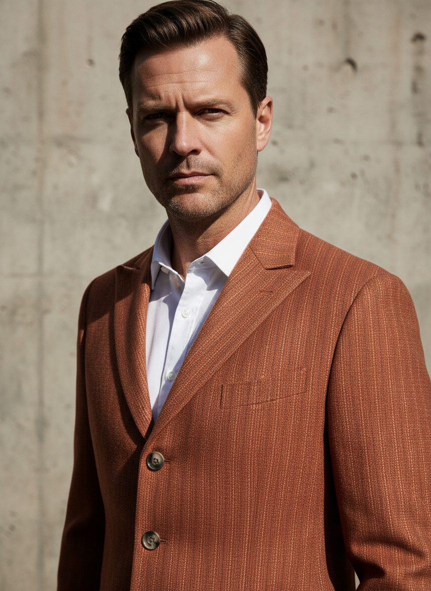 Пиджак насыщенного терракотового цвета из мягкой и приятной на ощупь полушерстяной ткани на вискозной подкладке. Однобортный, прилегающего силуэта с двумя шлицами.